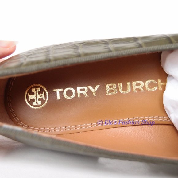 NIB Tory Burch Eleanor Heeled Loafer Croc Embossed Leather Leccio Green US7.5 - Picture 11 of 13